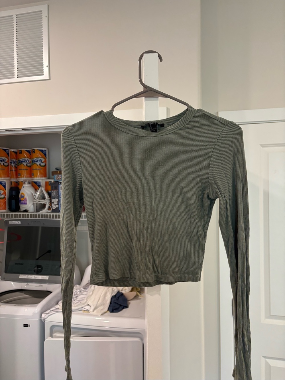 Forever 21 Olive Green Ribbed Long-Sleeve Crop Top
